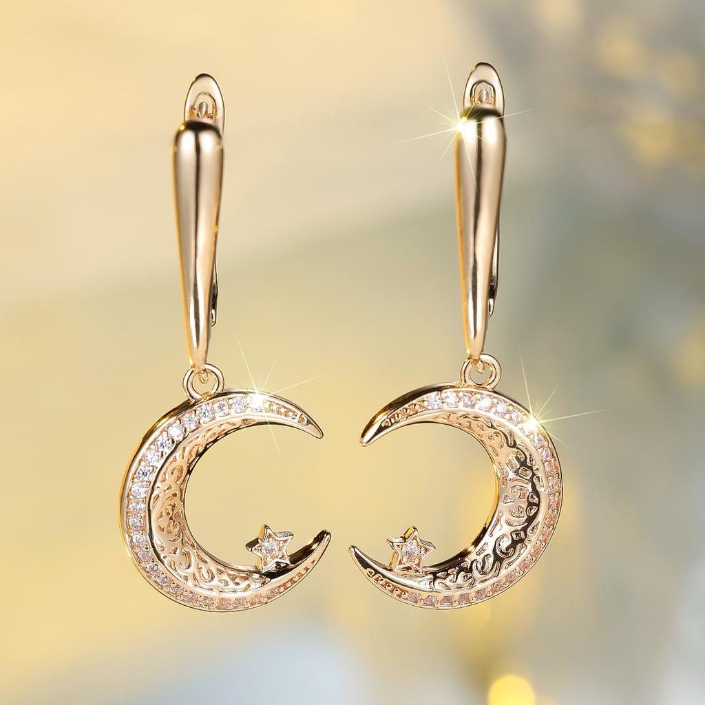 White Zircon Stone Moon Star Hoop Earrings Luxury Female Gold Color Wedding  For Women
