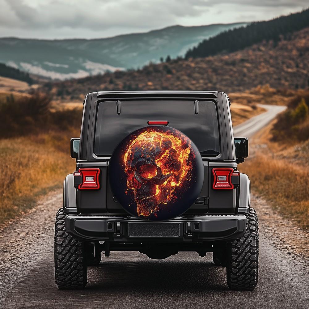 Flaming Skull Tire Cover Spare Wheel Protector Off Road SUV Accessory