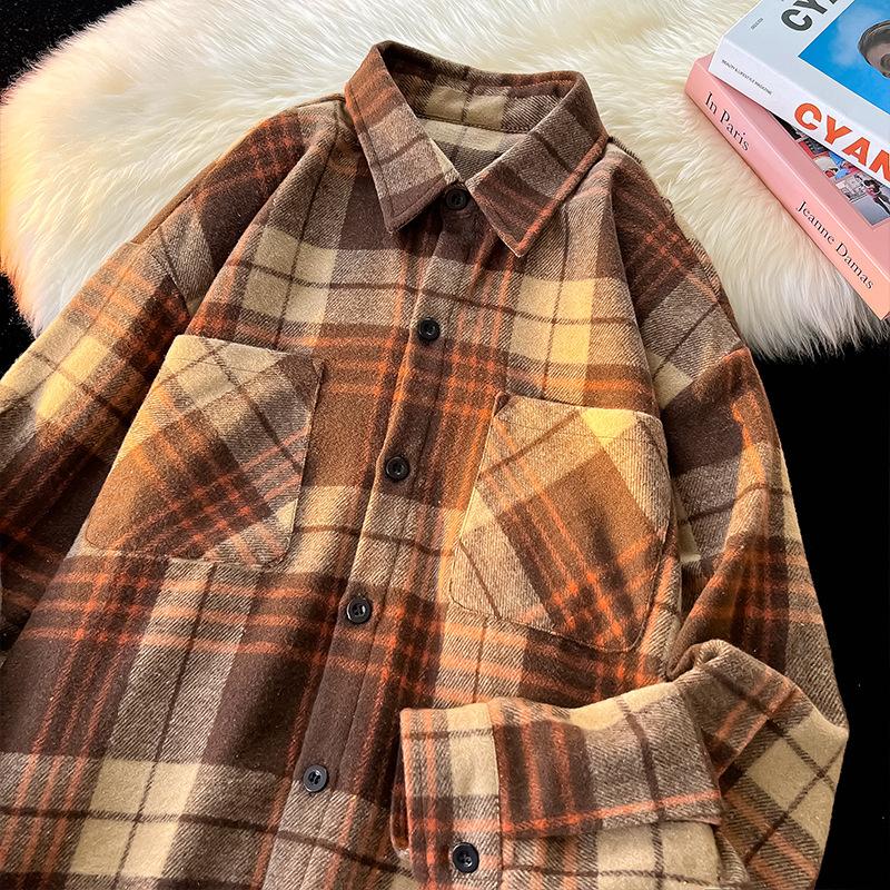 Podzimní a zimní košile v hongkongském stylu Volný kabát Broušená košile s dlouhým rukávem Spadlá ramena Všestranná kostkovaná bunda