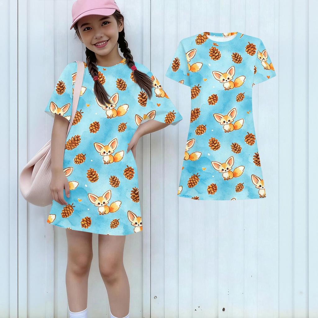 Girls Loose Fit Short Sleeve Dress Lightweight Cotton Animal Print Round Neck Kids Casual Summer Dress for Children