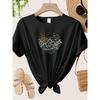 European Size Plus Size Bohemian Floral Sun Heart Print T-Shirt - Round Neck Short Sleeve Top for Women, Machine Washable, Spring Summer Fall Fashion