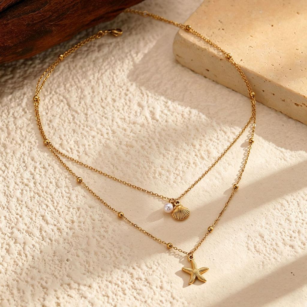 Double Starfish Shell Necklace Summer Vacation Stainless Steel Clavicle Chain Exquisite Versatile Premium Jewelry