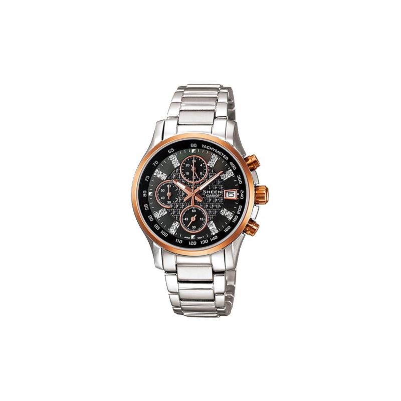 Casio SHEEN series three-hand three-eye date display chronograph steel strap business watch gold bezel quartz movement stainless steel SHN-5016D-1A золотой