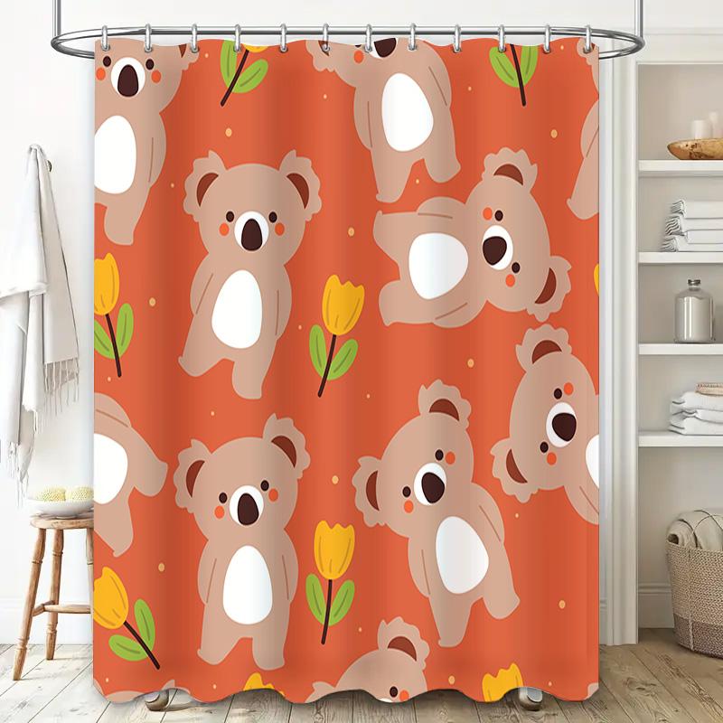 Cozy Cartoon Animal Print Shower Curtain for Bathroom Decor Orange Teddy Bears Tulips Design