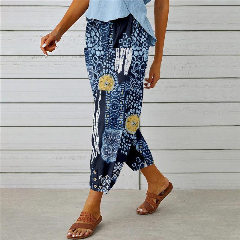 Damen Hohe Taille Kordelzug Cropped Haremshose Lockerer Schnitt Blumenprint Leinenmischung Jogger Caprihose Mit Tasche