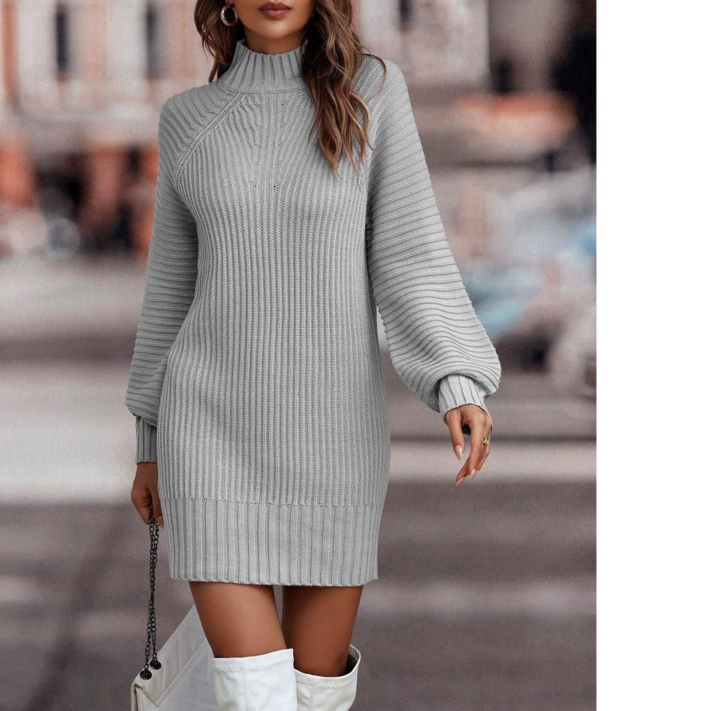 Høyhals Langermet Dame Strikket Kjole Genser Høst Vinter Ny Stil Grenseoverskridende Mote Elegant Stilfullt Dameplagg