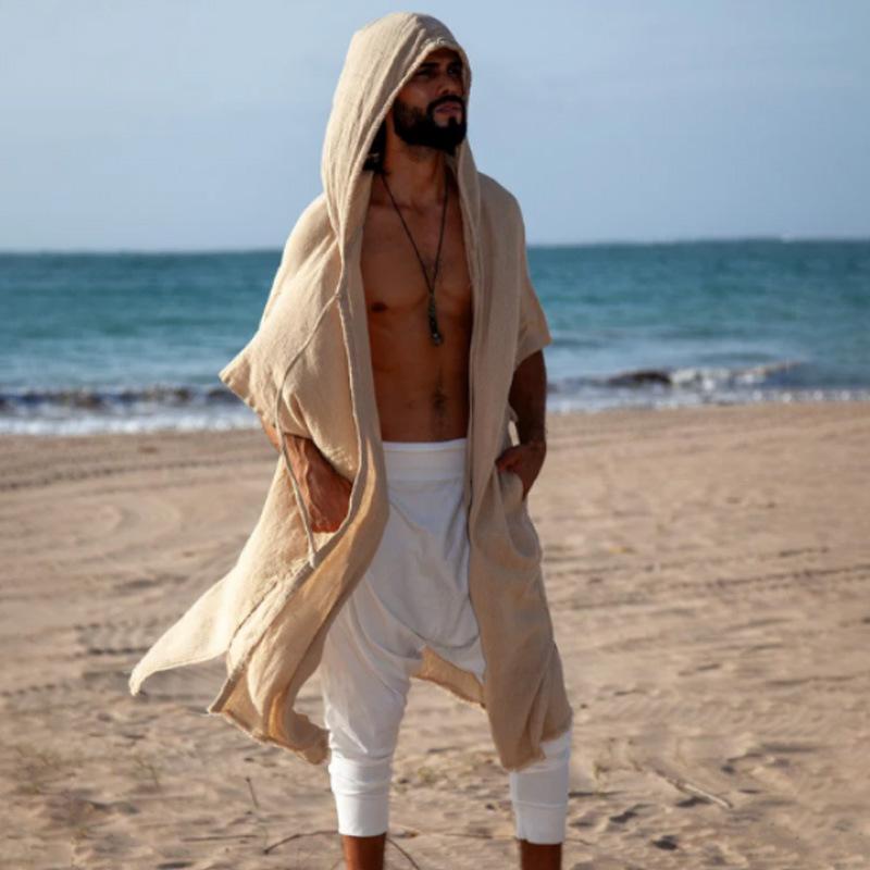 Cardigans de Verão Masculinos de Comprimento Médio Soltos Casuais Roupas de Proteção Solar Estilo Férias na Praia Capa tipo Casaco Longo com Capuz Masculina