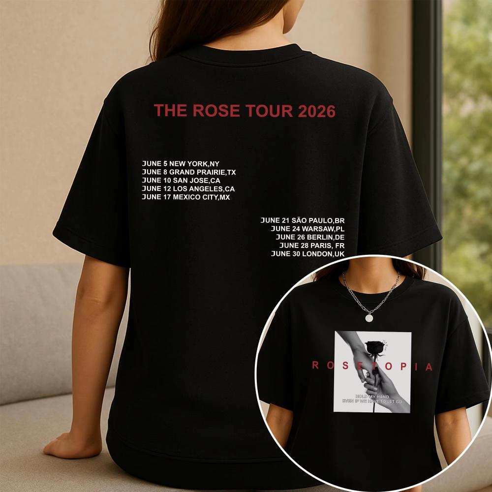 Dam Överdimensionerad The Rose ROSETOPIA Tour 2026 Rose City Dubbelt Tryck Vintage Kortärmad Topp