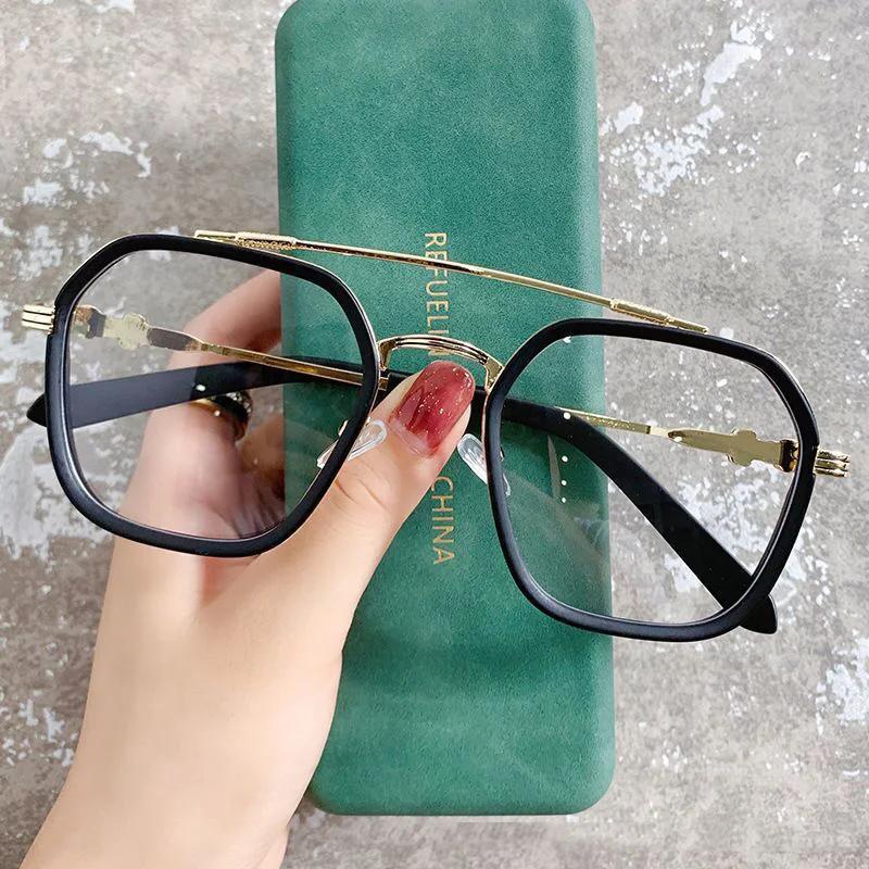

Retro Fashion Double Beam Square Myopia Glasses Luxury Men Women Anti Blue Light Transparent Finish Prescription Eyewear -1.0 Anti Blue Light 0