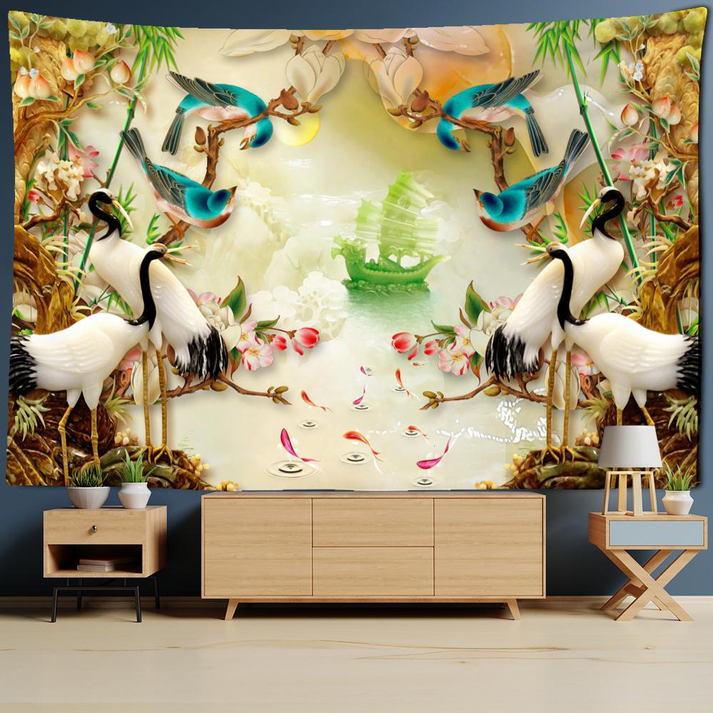 Crane Relief Tapestry Wall Hanging Oil Painting Psychedelic Retro Bohemian Art Mattress Room Home Decor