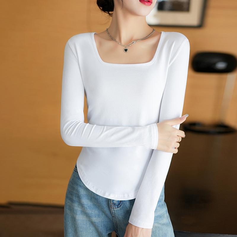 

Футболка из чистого хлопка с квадратным вырезом и длинными рукавами для женщин, французский сексуальный облегающий топ, осенний новый стиль, короткая базовая рубашка XXL белый