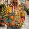 Damen Retro Print Kapuzenpullover mit langen Ärmeln, Taschen und lässiger Passform