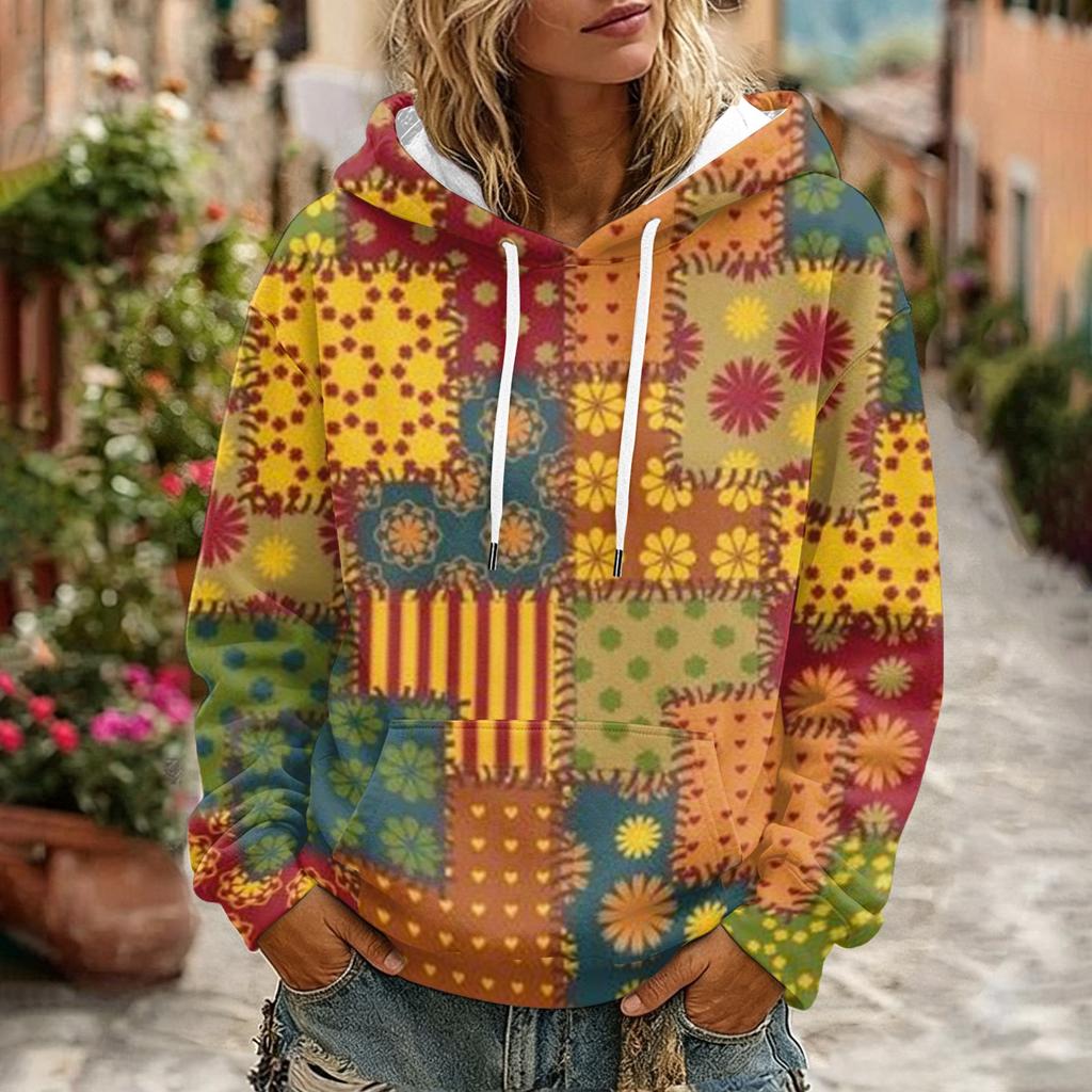 Damen Retro Print Kapuzenpullover mit langen Ärmeln, Taschen und lässiger Passform