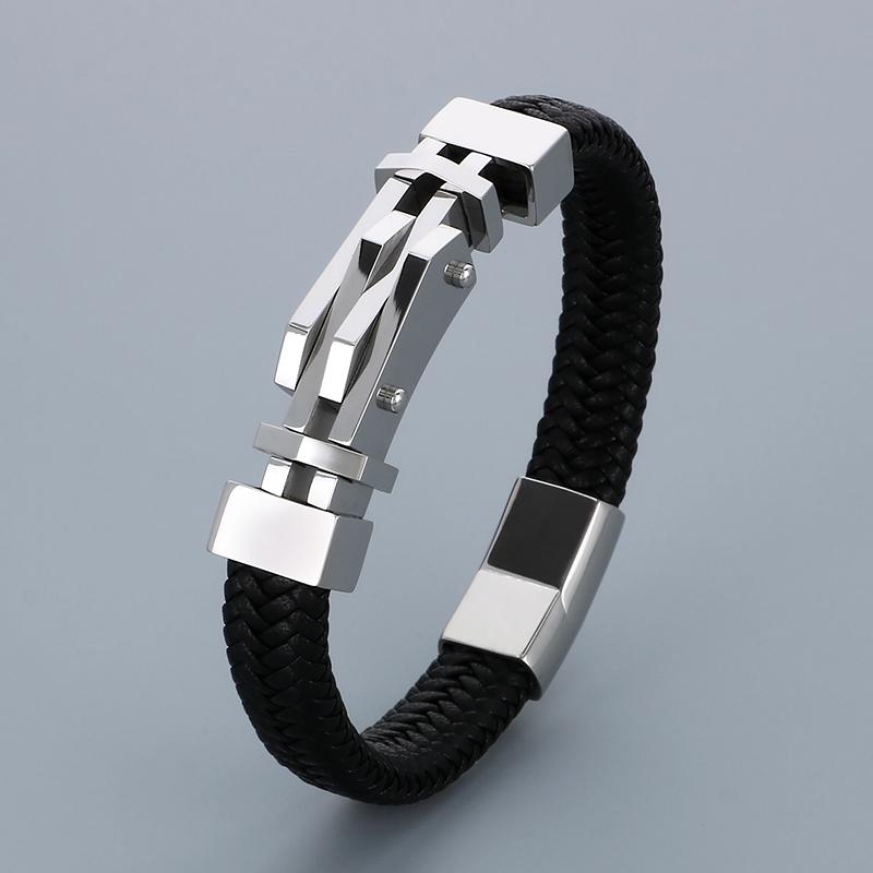 

Хип-хоп Браслет из нержавеющей стали с взаимосвязанными подвесками на кожаном ремешке для мужчин Креативный Винтажный Геометрический Плетеный Браслет Подарок Трендовые Украшения 21cm