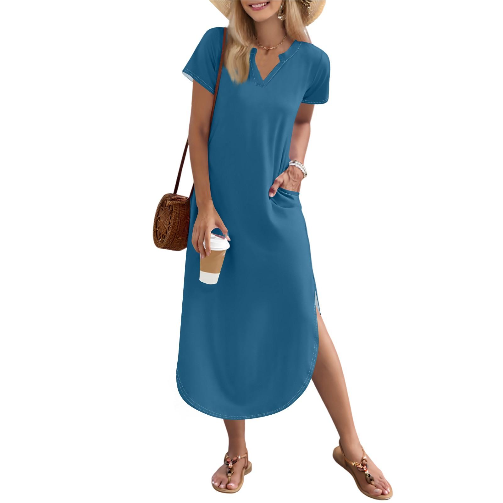 

Женское длинное платье-рубашка с V-образным вырезом, повседневное, с коротким рукавом и свободным разрезом XL белый