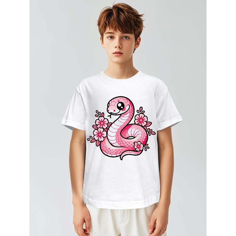 European Sizes Kawaii Pink Snake and Flowers Year of Snake Funny Awesome Graphic Kid T-Shirt | Casual Streetwear Tees Tops for Kids