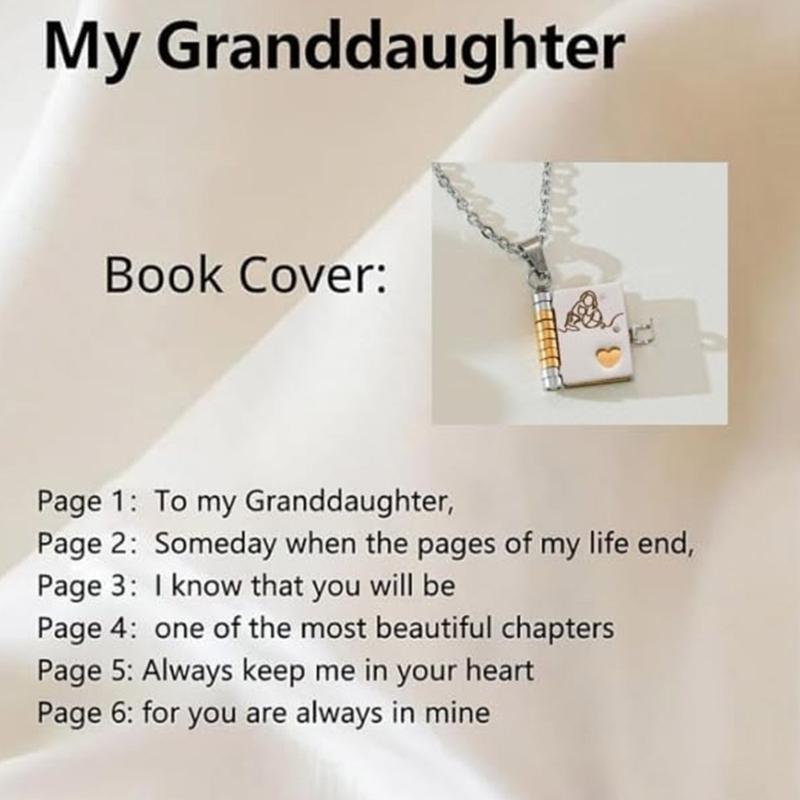 Engraved Chapter Book Pendant Necklace For Granddaughters Thoughtful Gift From Grandma Titanium Steel Jewelry
