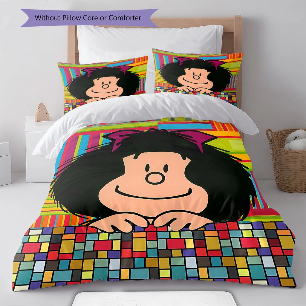 Pościel z wzorem Mafaldy, Zestaw kołdry Poszewka na kołdrę Poszewka na poduszkę Domowy prezent urodzinowy (1 * poszwa na kołdrę + 2 * poszewki na poduszki, bez rdzenia)