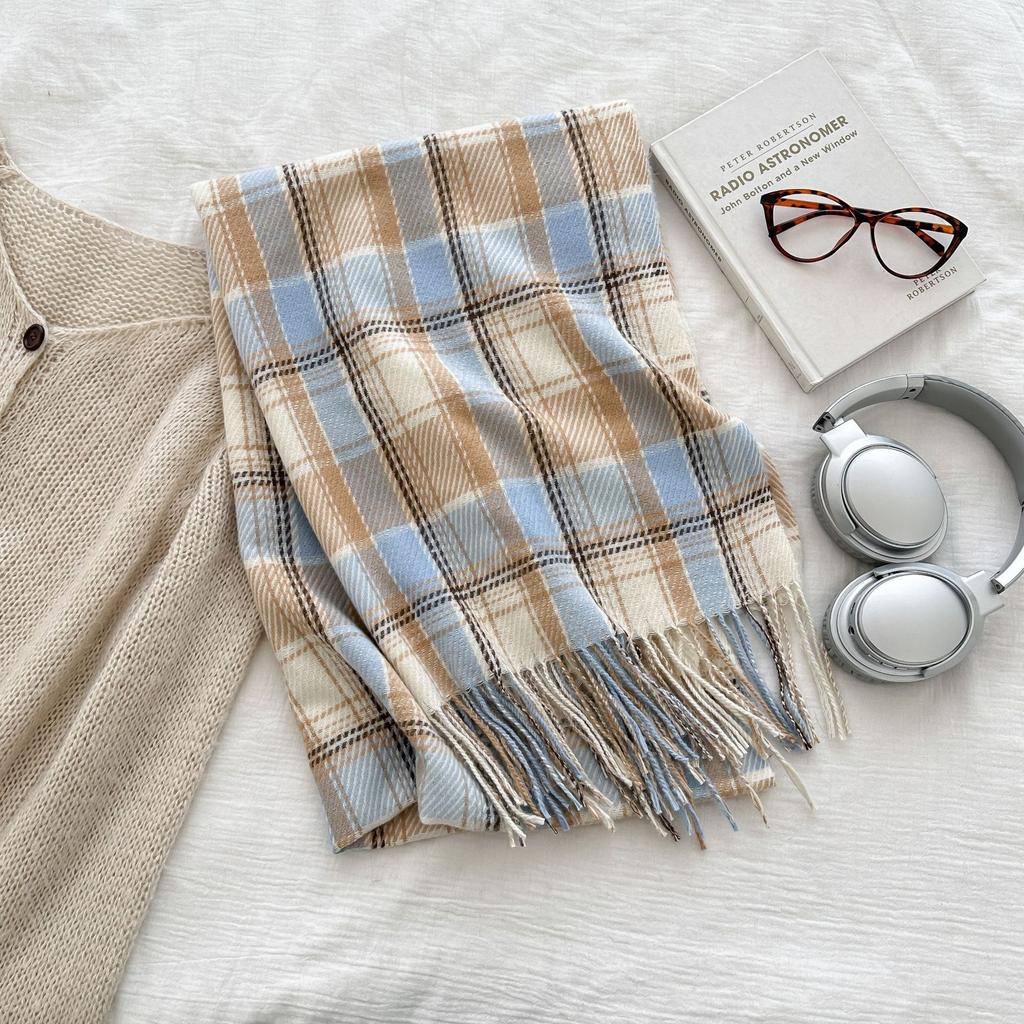 Classic Retro Imitation Cashmere Simple Plaid Shawl Scarf Unisex Autumn and Winter Fashion Commuting Tassel Scarf
