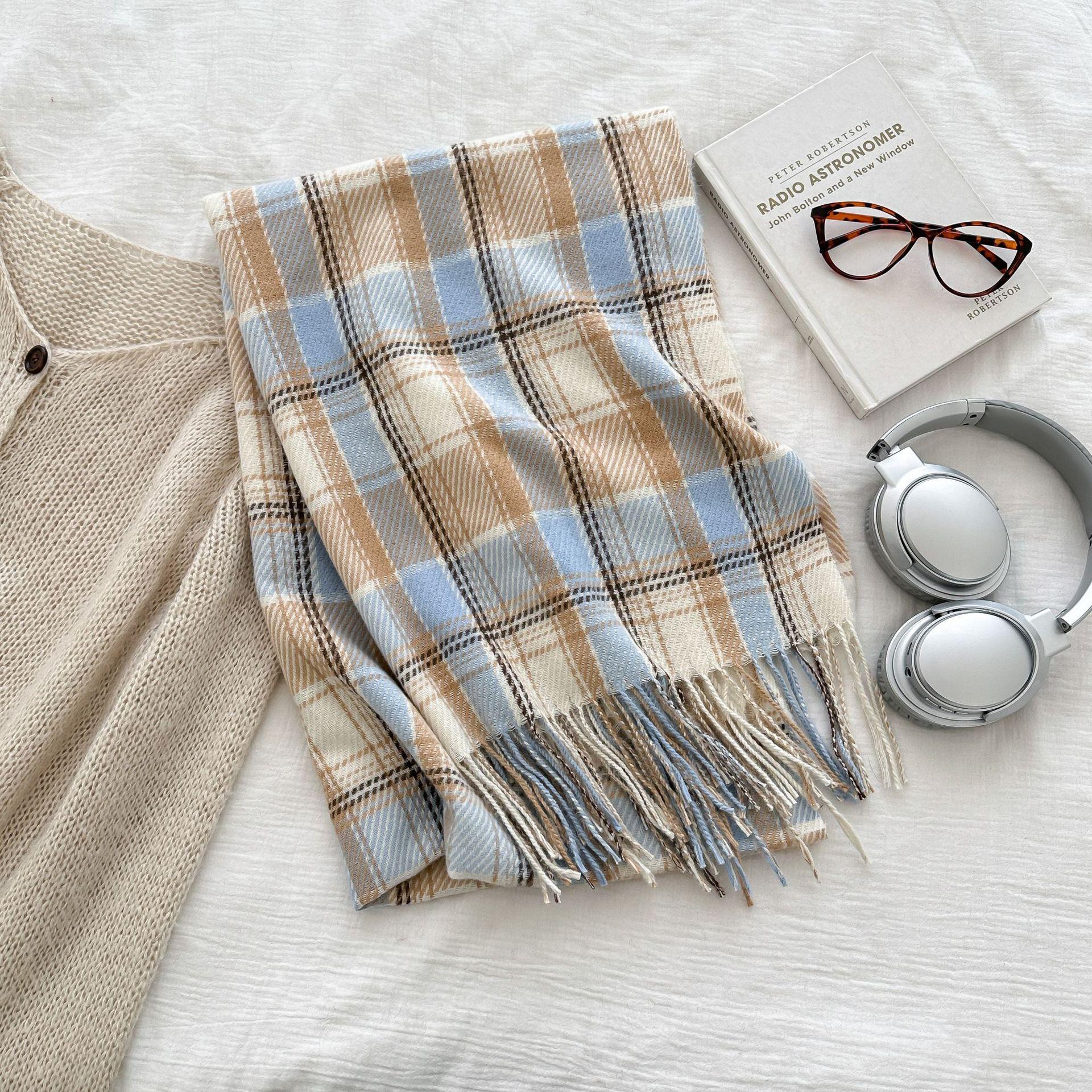 

Classic Retro Imitation Cashmere Simple Plaid Shawl Scarf Unisex Autumn and Winter Fashion Commuting Tassel Scarf 65*180cm