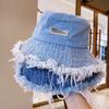 Korean Denim Bucket Hat for Women Vintage Metal Label Fisherman Cap Summer Lady Girl Sport Hiking Bob Caps