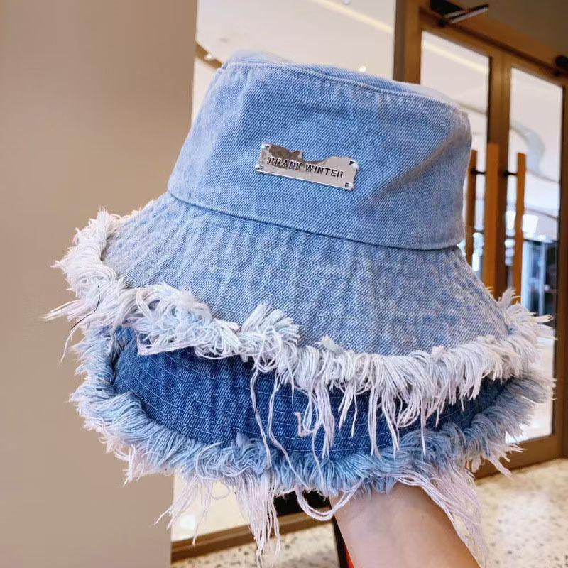 Korean Denim Bucket Hat for Women Vintage Metal Label Fisherman Cap Summer Lady Girl Sport Hiking Bob Caps