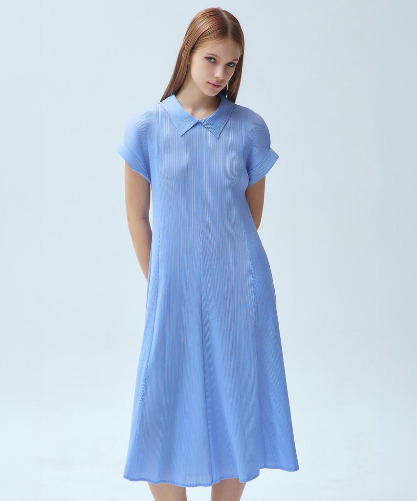Waiowai Mini Collar Short Sleeve Pleated Long Dress_2 Colors