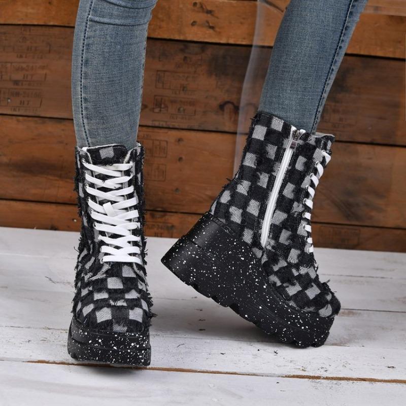 Bocanci de damă țesuți mărime mare, bocanci scurți fashion vechi cu talpă groasă, fermoar lateral, cu toc înalt, versatili pentru primăvară și toamnă