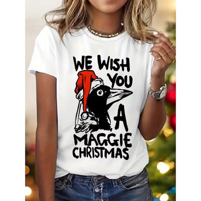 Women's "We Wish You A Maggie Christmas" Pelican Santa Graphic T-Shirt - Short Sleeve Crew Neck Casual Top