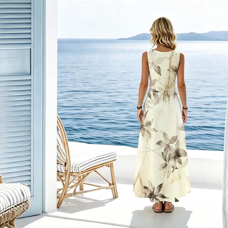 Summer Floral Sleeveless Maxi Dress,Lightweight Loose Fit Elegant for Picnic,Vacation Casual Outings