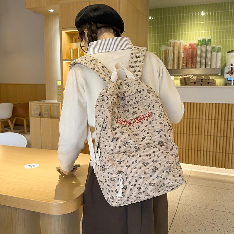 Women's Floral Print Backpack Corduroy Student School Bag Campus Large Capacity Backpack