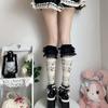 Cotton Knee Length Socks for Women Ruffle Lace Top Grunge Skull Music Note Print Stockings for Dance and Everyday Use