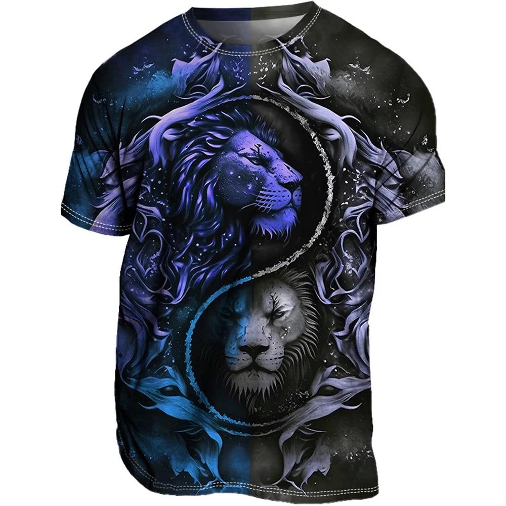 Summer 3D Printed Short Sleeved Street Style Plus Size Top, Fashionable Casual Wear, Men's Lion Sportswear