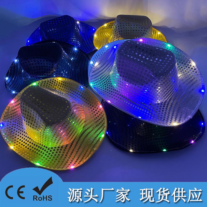 Four Color Led Light Up Western Cowboy Hat With Sequin Pattern For Party Cosplay Stage Performance