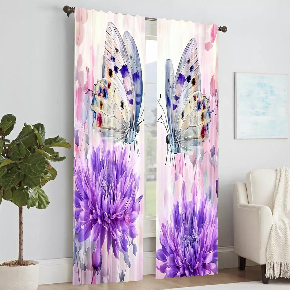 Flower Butterfly Digital Printed Window Curtains Polyester Material Suitable Living Room Kitchen Bedroom Study Dining Set Of 2 Made Great Decor