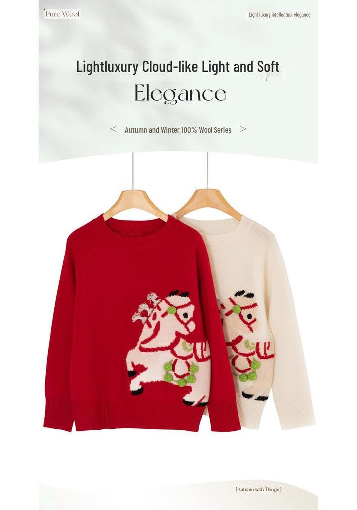 Women's Pure Wool Round Neck Knit Sweater with Handmade Embroidery - Autumn/Winter Loose Fit Cashmere Top