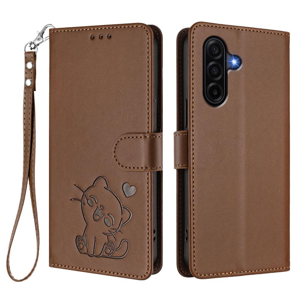For Samsung Galaxy A57 5G Wallet Case with Wrist Strap Love Cat Pattern Imprint Leather Phone Cover