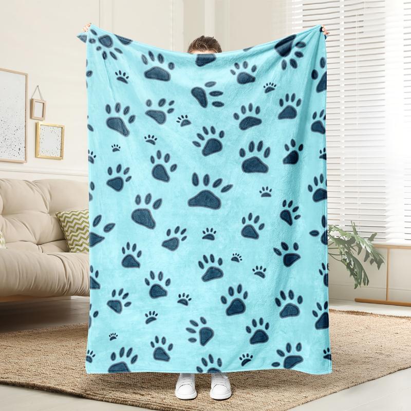 Light Blue Dark Paw Print Throw Blanket,warm,bed,pet Lounge,workspace,ideal for Daily Indoor Leisure,anniversary Present