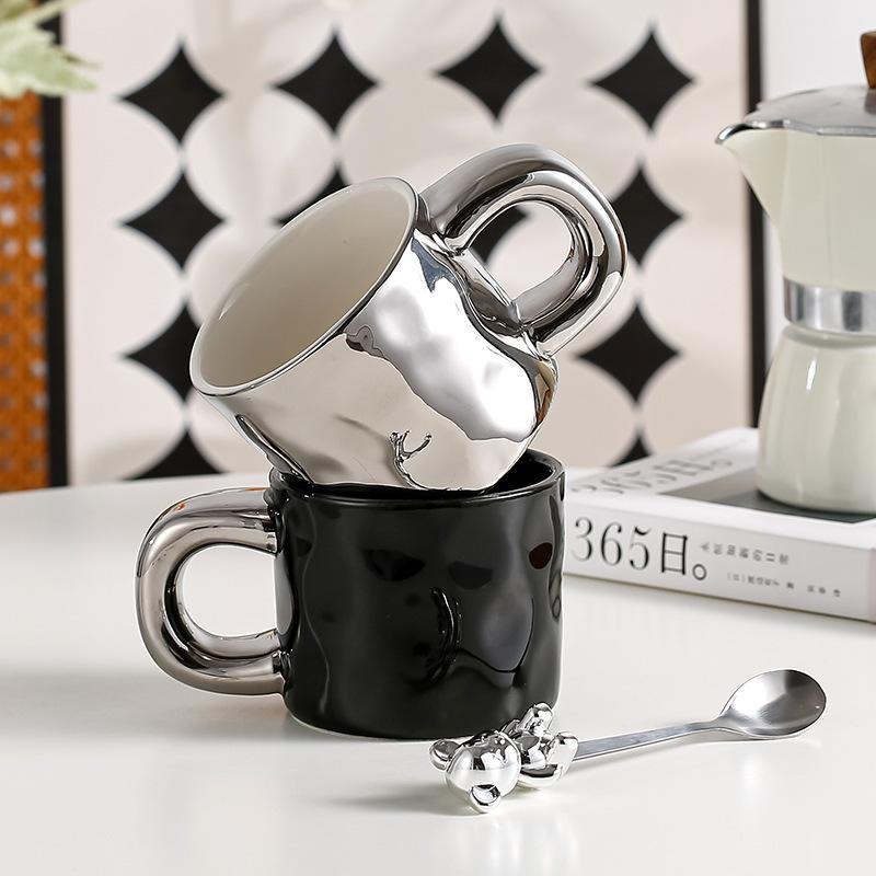 Light Luxury High Value Ceramic Cup with Spoon Electroplated Bear Mug High End Niche Design Cup Export Coffee Cup