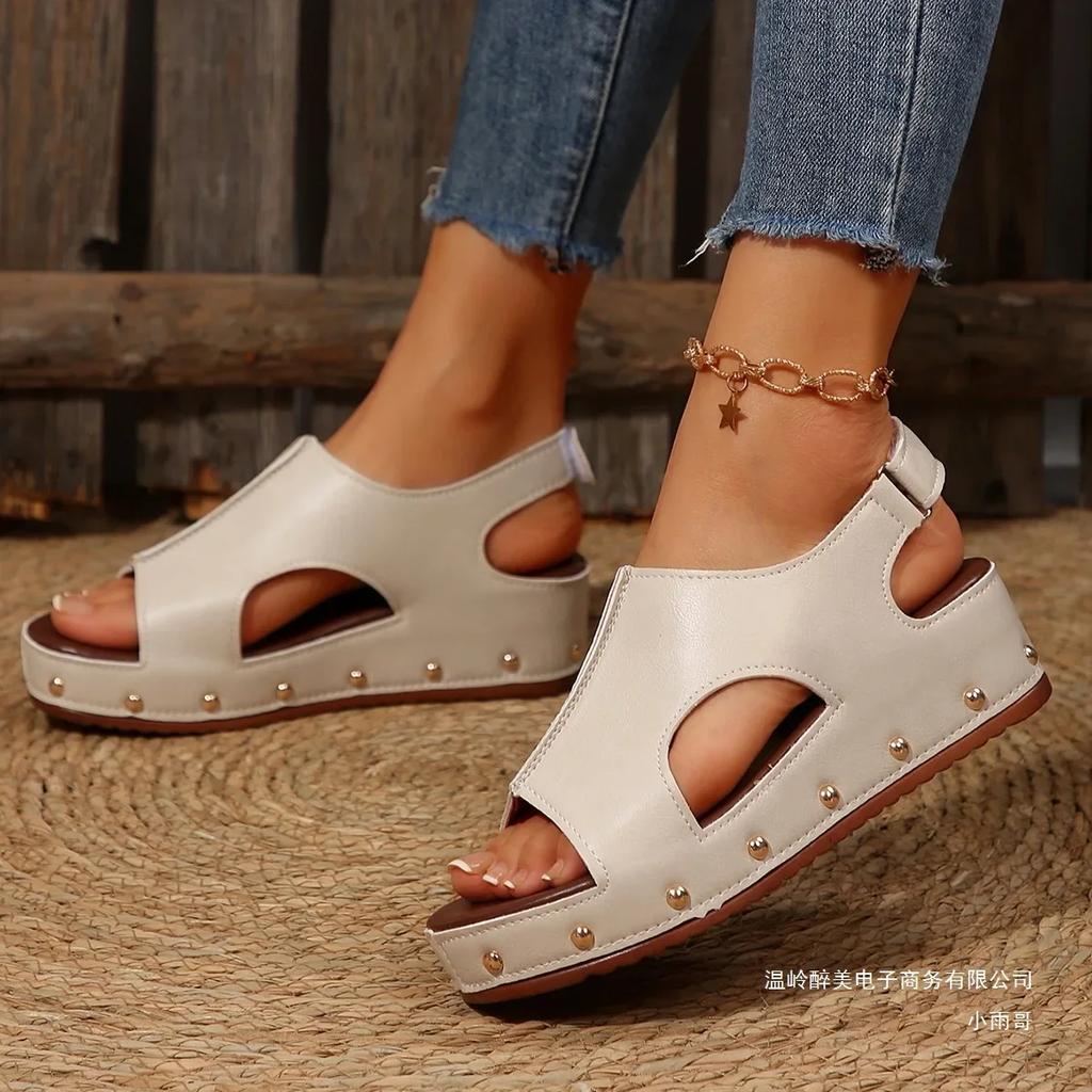 Fashion 2025 New Thick-soled Hollow Fish Mouth Sandals Women's Large-size Rivets Velcro Slope Heel Beach Sandals