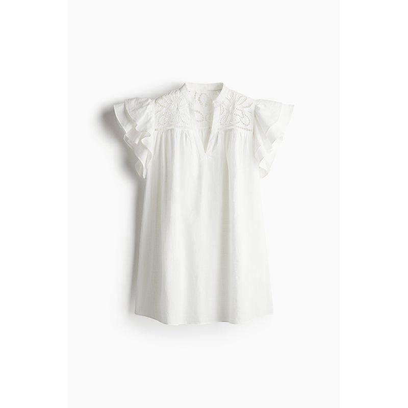 

HM Women s Vest Camisole Dress 25 Autumn New Arrival Wave Style French Style Flounced Sleeve Cut Out Embroidered Dress 1278037 White 165/96(M)