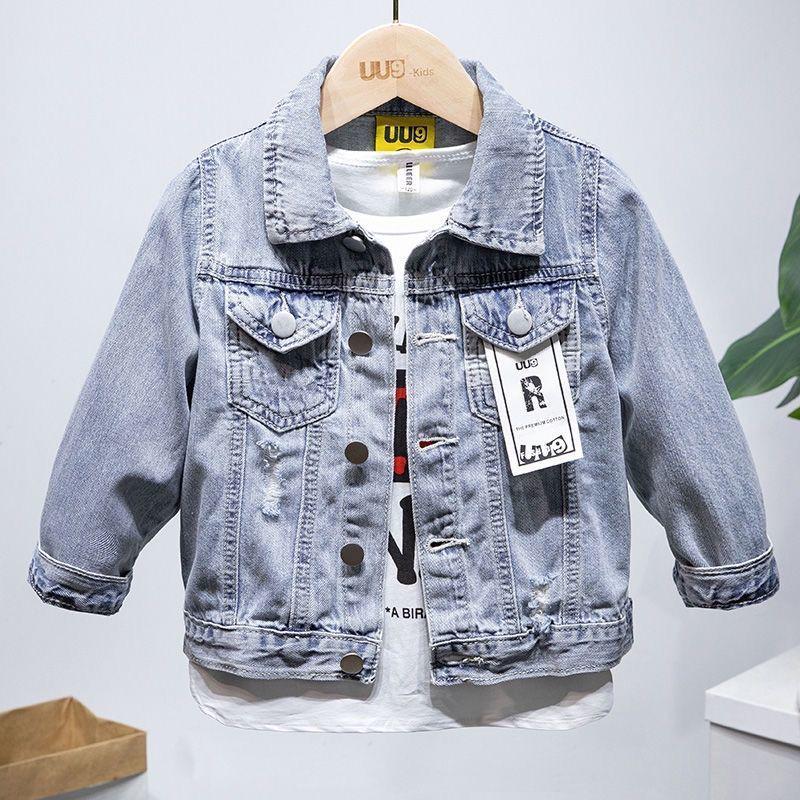 

Spring/Fall Fleece-Lined Denim Jacket for Boys & Girls, Printed Ripped Design, Slim Fit Trendy Outerwear 140