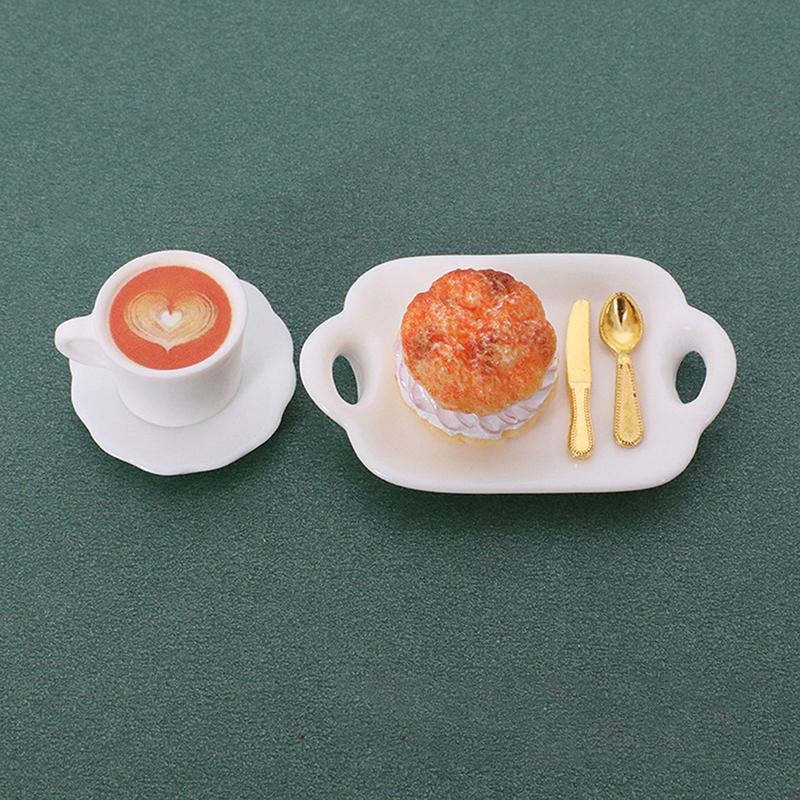 1 Set 1:12 Dollhouse Miniature Coffee Cup Cake Dessert Fork Spoon With Dinner Plate Kitchen Model Micro Landscape Decoration Toy