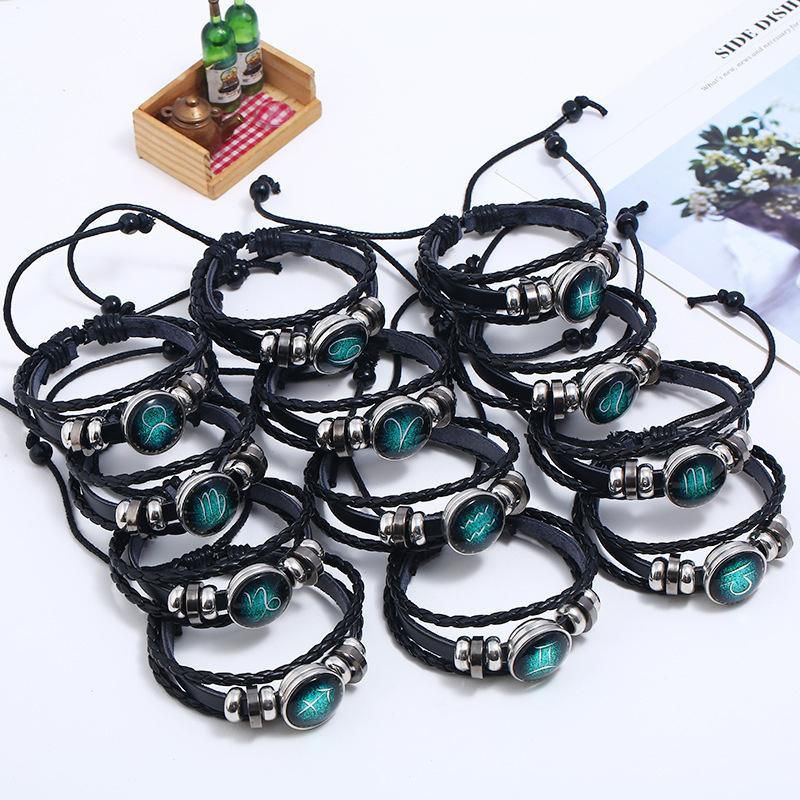 Luminous Twelve Constellation Artificial Gemstone Bracelet ;Beaded Rope Pu Leather 12 Constellation Woven Bracelet