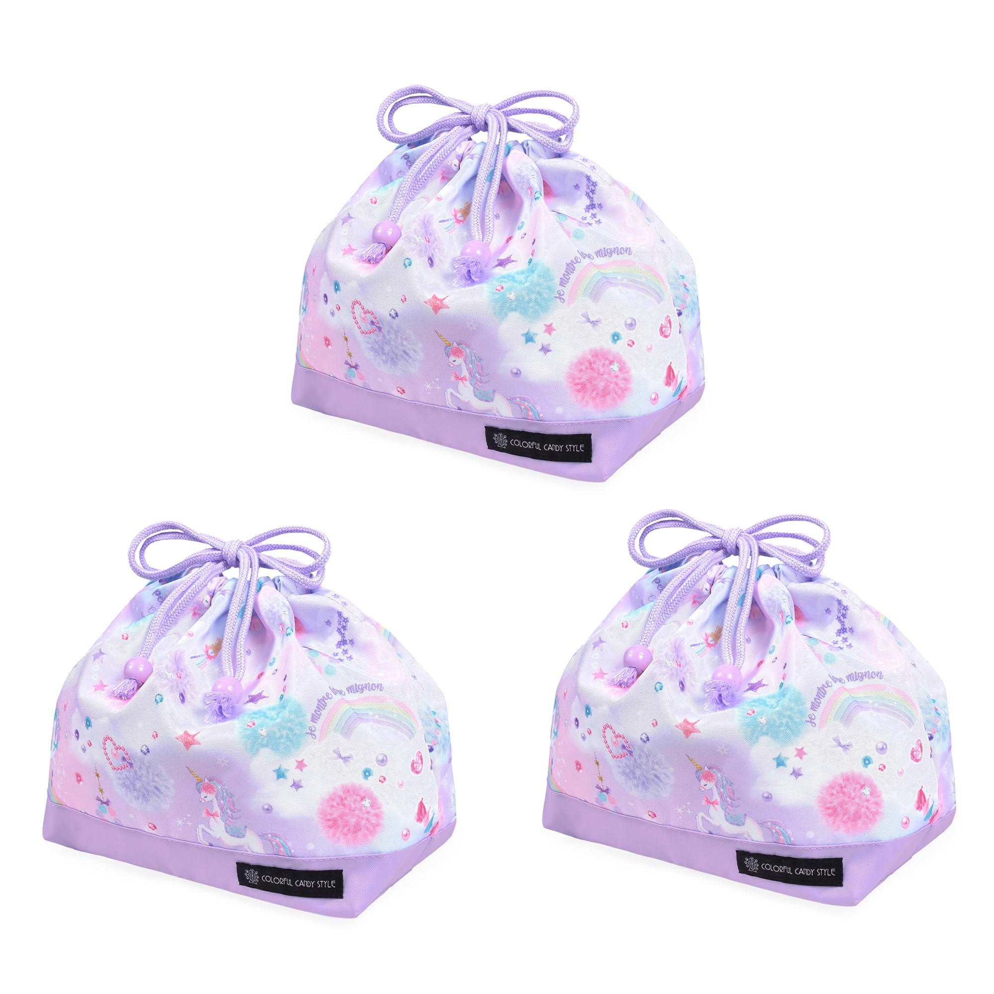 

COLORFUL CANDY STYLE Drawstring Medium Lunch Bag with Gusset Tag Water Repellent No Iron Unicorn Fantasy Set of 3 Girls Cute Kids Drawstring Bag Lunch