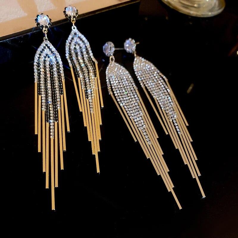 Inlaid Rhinestone Flowers Long Tassel Women Earrings Temperament Silver Needle Exaggerated Zircon Drop Earrings Sparkle Jewelry