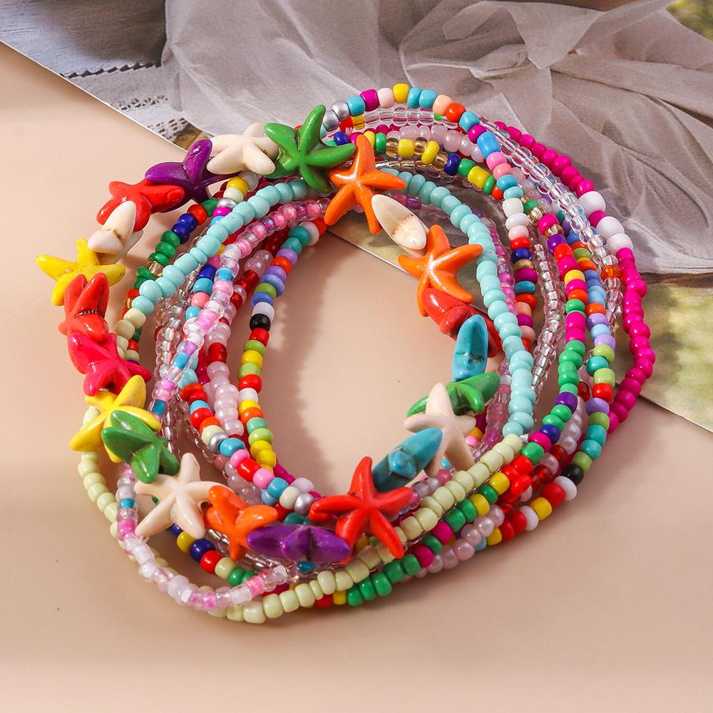 10Pcs Bohemian Handmade Colorful Beads Anklets for Women Girls Beaded Starfish Ankle Bracelet Summer Beach Jewelry Gifts