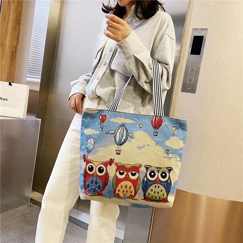Female Jacquard Cloth Bag Handheld Large Bag Owl Embroidery Large Capacity Folding Shopping Bag Mommy Bag