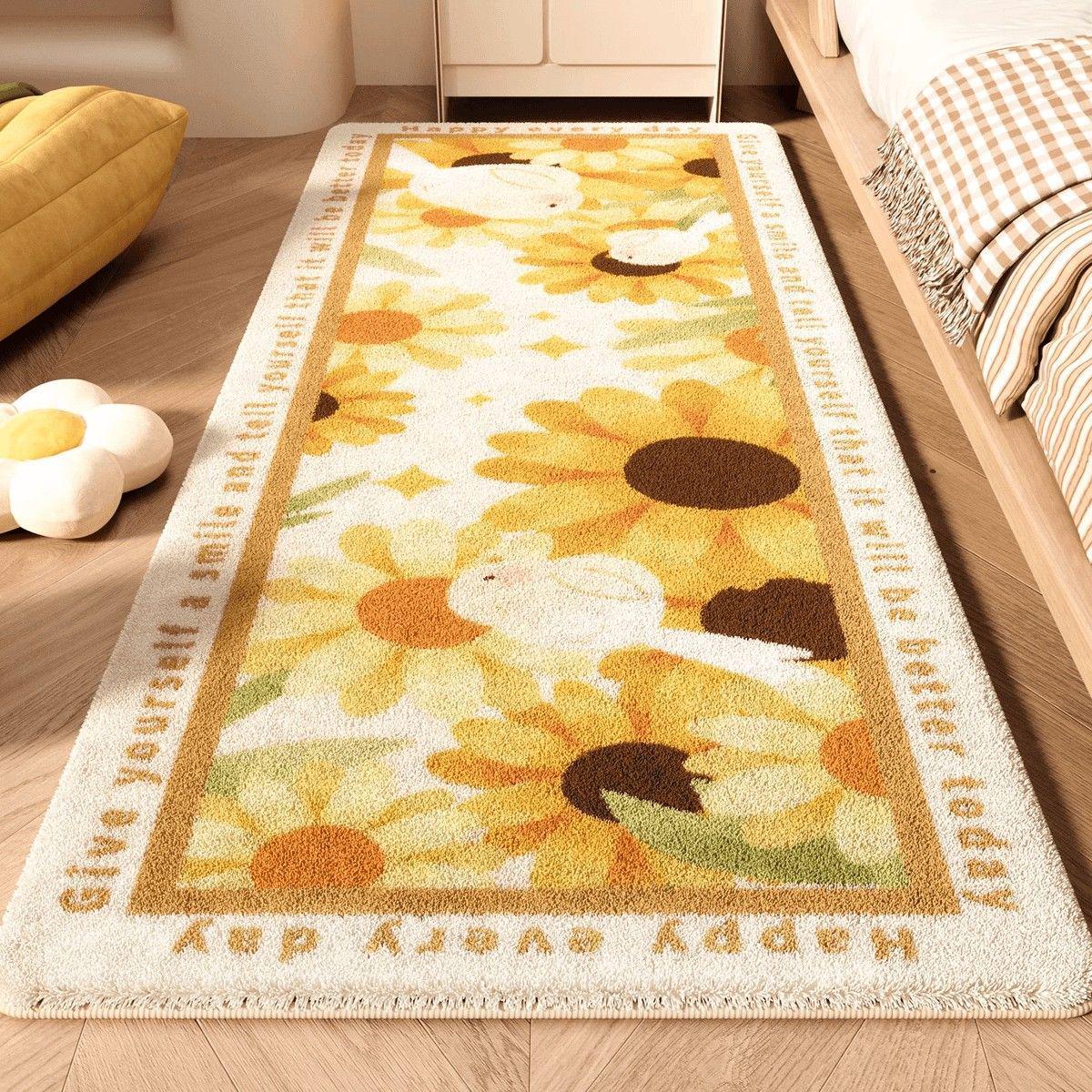 

Ins Fresh Bedroom Rug: Cute Flower Design, Cool & Dirt-Resistant, Thick Non-Slip Foot Mat for Bedside or Coffee Table. 40x120cm (Faux Cashmere)