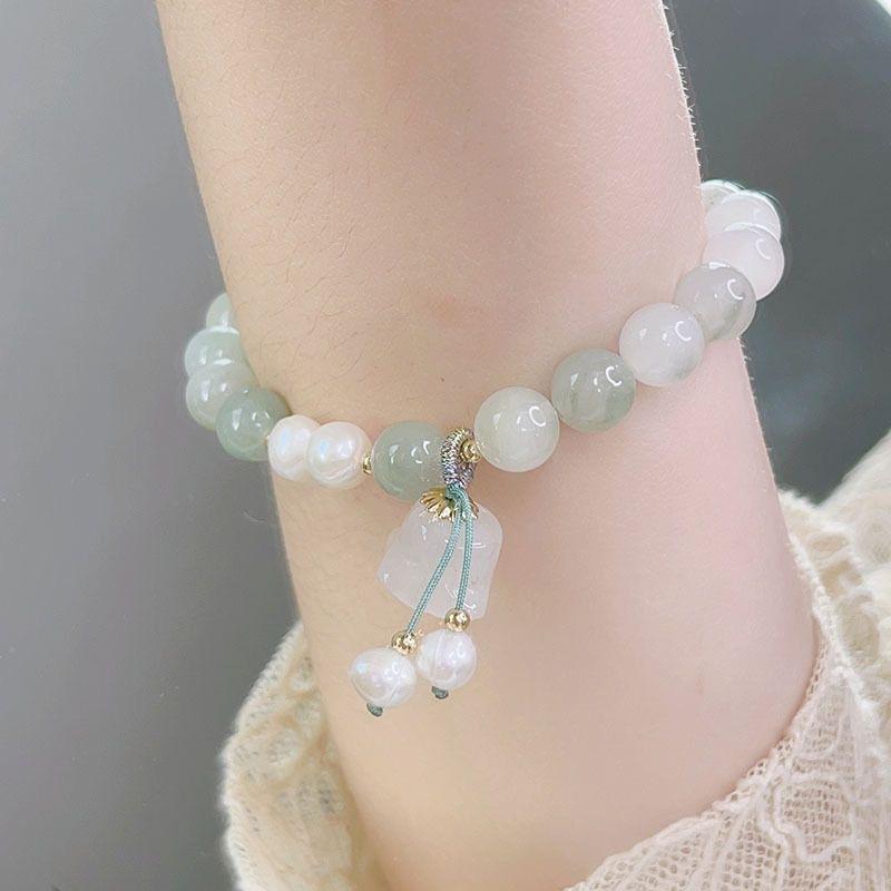 Handmade Tianshan Green Jade Bracelet Ladies Ins Wind Chalcedony Lily Flower Bracelet Independent Packaging Holiday & Business Present